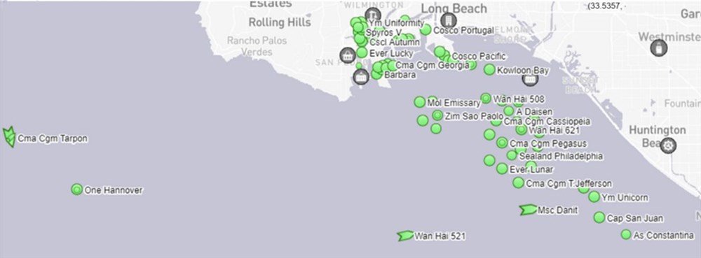 周一，集装箱船在洛杉矶和长滩停泊、漂流和停泊（地图：MarineTraffic）