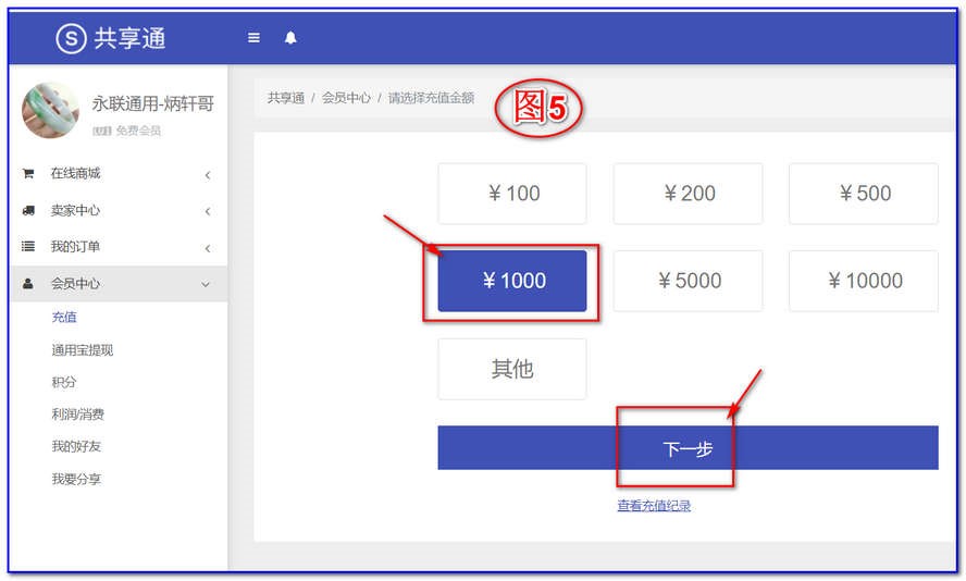 如上图5，选择你要充值的金额，点击“下一步”会出现下图6.