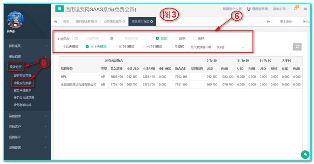 UFMS-SAAS货代操作系统-统计分析-应收应付账龄分析